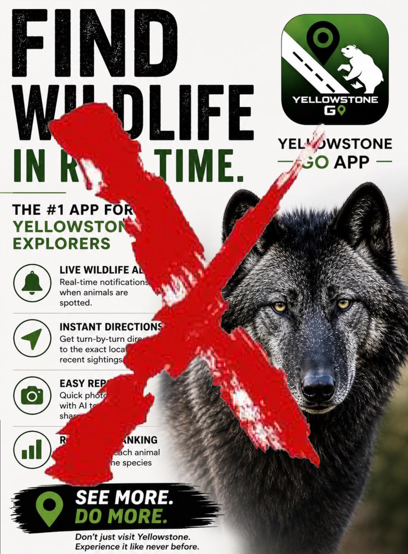 Yellowstone Go App promotional material showing real-time wildlife tracking features with wolf image and claims of finding wildlife in real time